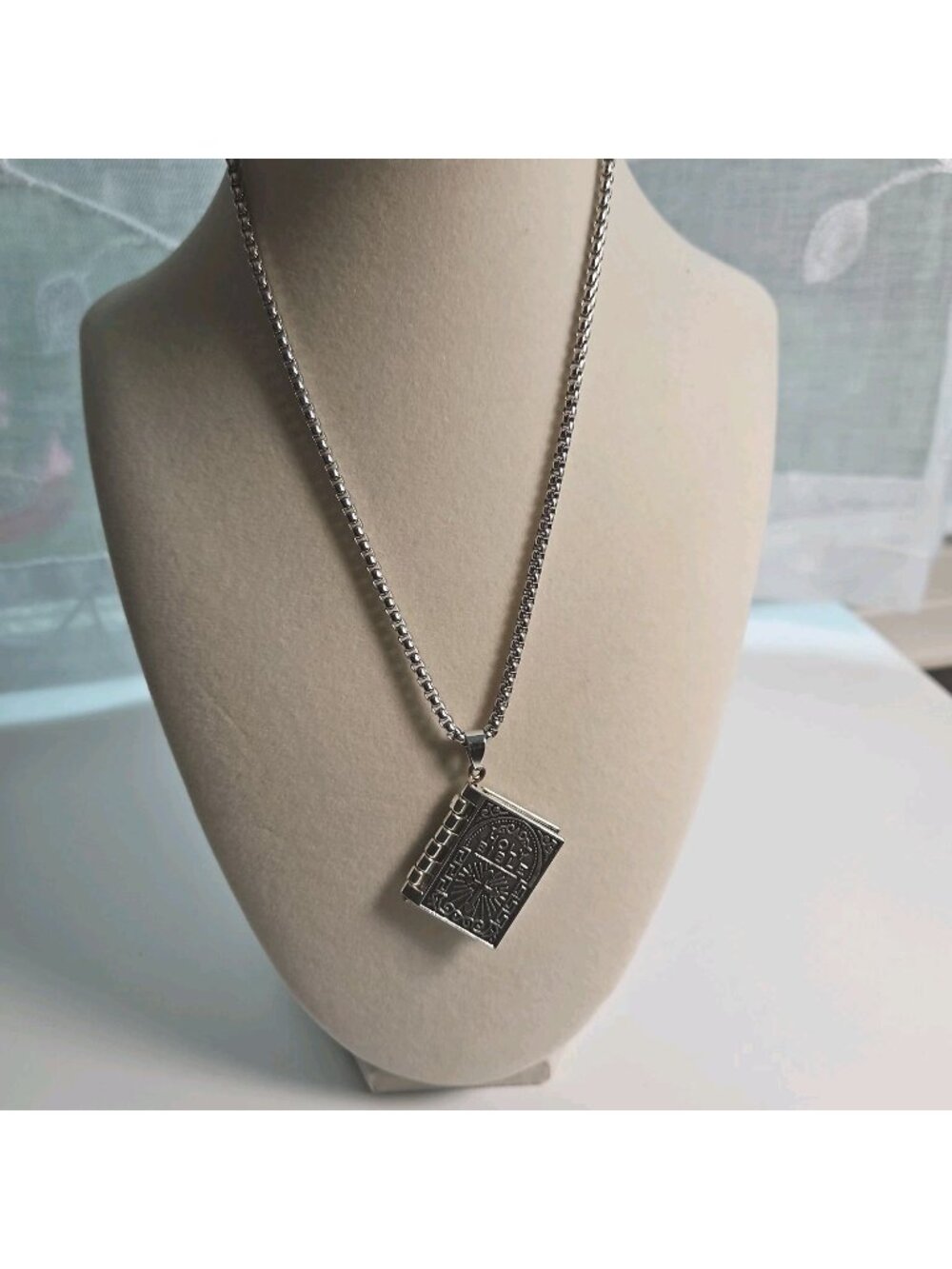 Silver Bible Pendant Lord's Prayer Necklace Stainless Steel Box Chain 24"